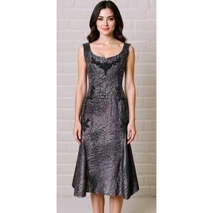 Carolina Herrara Black Silk Beaded Fit Flare Midi Cocktail Dress Sz 8 Designer